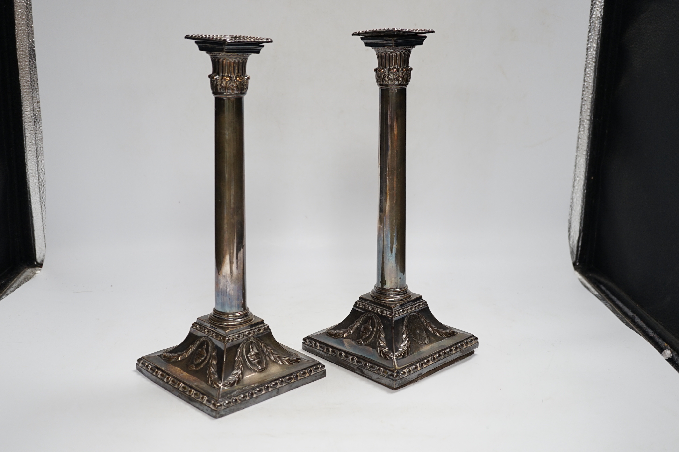 A pair of Georgian Old Sheffield Plate candlesticks, 31.5cm